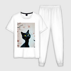 Пижама хлопковая мужская Котик под деревом, цвет: белый