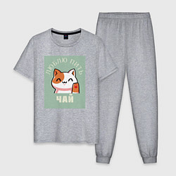 Пижама хлопковая мужская Для тех кто любит чай и котиков, цвет: меланж