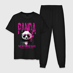 Пижама хлопковая мужская Панда и розовые очки, цвет: черный