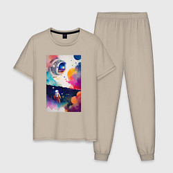 Пижама хлопковая мужская Абстрактный космонавт и разноцветные брызги краски, цвет: миндальный