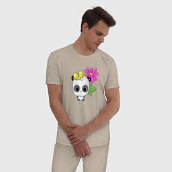 Пижама хлопковая мужская Панда с розовым цветком, цвет: миндальный — фото 2