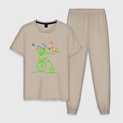 Пижама хлопковая мужская Винтажный велик с цветочками, цвет: миндальный