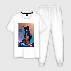 Пижама хлопковая мужская Кот со скрипкой в космосе, цвет: белый