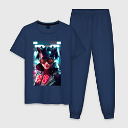 Пижама хлопковая мужская Девушка-кошка в очках - киберпанк, цвет: тёмно-синий