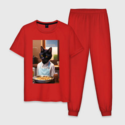Пижама хлопковая мужская Кот повар с десертом, цвет: красный