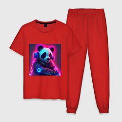 Пижама хлопковая мужская Диджей панда в свете неона, цвет: красный