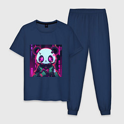 Пижама хлопковая мужская Аниме панда в лучах неона, цвет: тёмно-синий