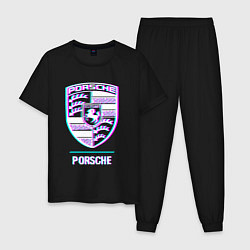 Пижама хлопковая мужская Значок Porsche в стиле glitch, цвет: черный