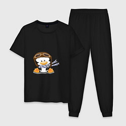 Пижама хлопковая мужская Пингвин в шапке лётчика, цвет: черный