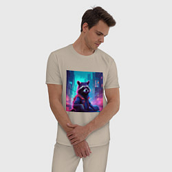 Пижама хлопковая мужская Антропоморфный енот на фоне неонового киберпанк-го, цвет: миндальный — фото 2