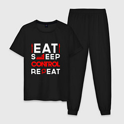 Пижама хлопковая мужская Надпись eat sleep Control repeat, цвет: черный