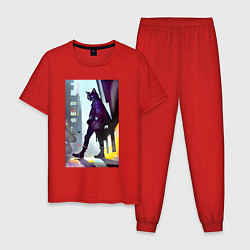 Пижама хлопковая мужская Чёрный котяра на своём районе - Бронкс, цвет: красный