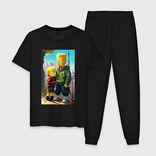 Мужская пижама Барт Симпсон с Мэгги в мегаполисе / Черный – фото 1