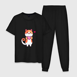 Пижама хлопковая мужская Милый кот с сердцем, цвет: черный