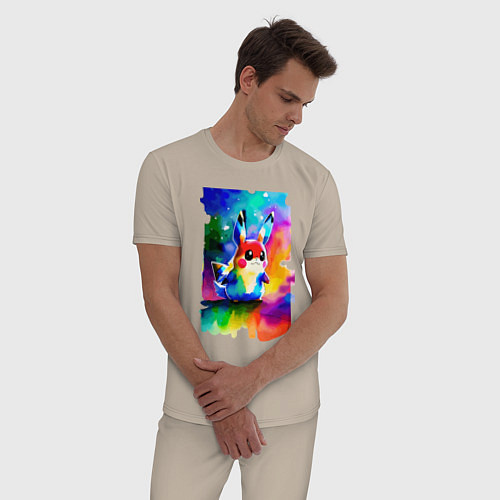 Мужская пижама Акварельный Пикачу - поп-арт / Миндальный – фото 3