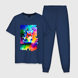 Пижама хлопковая мужская Акварельный Пикачу - поп-арт, цвет: тёмно-синий
