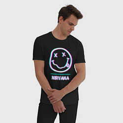 Пижама хлопковая мужская Nirvana glitch rock, цвет: черный — фото 2