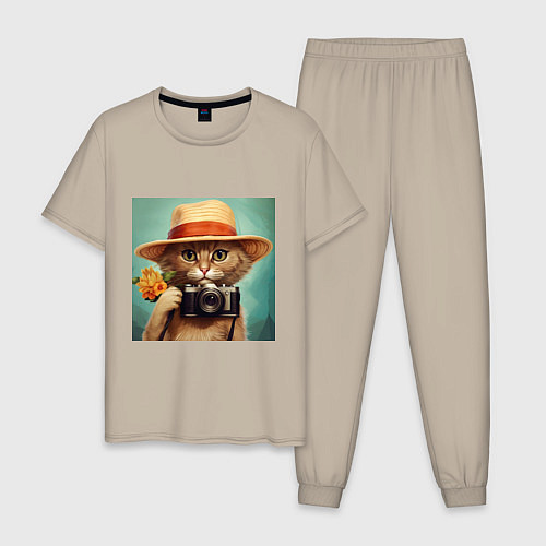 Мужская пижама Кот в соломенной шляпе с фотоаппаратом / Миндальный – фото 1