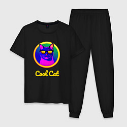 Пижама хлопковая мужская Крутой кот в очках, цвет: черный