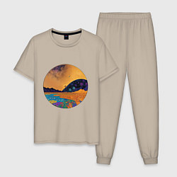 Пижама хлопковая мужская Пейзаж в стиле Густава Климта, абстракция, цвет: миндальный