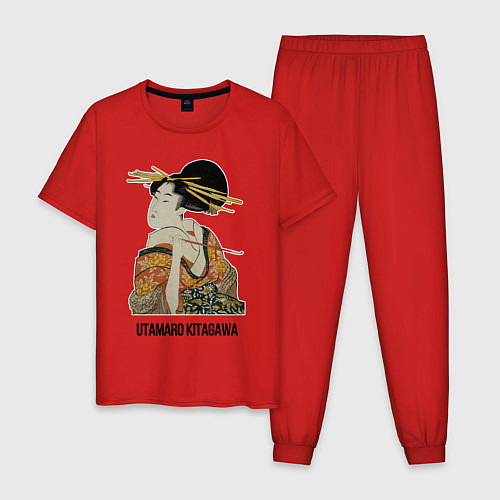 Мужская пижама Утамаро Китагава - картина Гейша с трубкой / Красный – фото 1