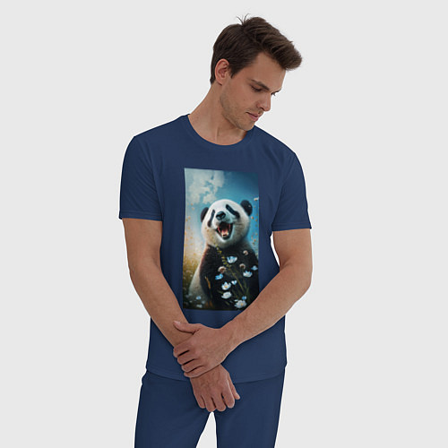 Мужская пижама Панда с цветочками / Тёмно-синий – фото 3