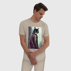 Пижама хлопковая мужская Модный котяра - Лондон - нейросеть, цвет: миндальный — фото 2