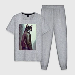 Пижама хлопковая мужская Модный котяра - Лондон - нейросеть, цвет: меланж