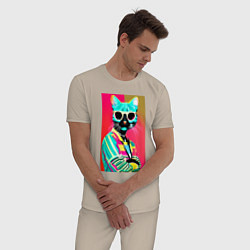 Пижама хлопковая мужская Cat in sunglasses - pop art, цвет: миндальный — фото 2