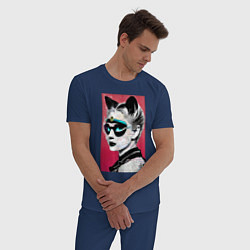 Пижама хлопковая мужская Cat girl in a mask - neural network - pop art, цвет: тёмно-синий — фото 2