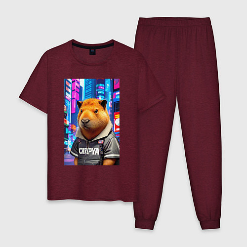 Мужская пижама Cool capybara - urban style - neural network / Меланж-бордовый – фото 1