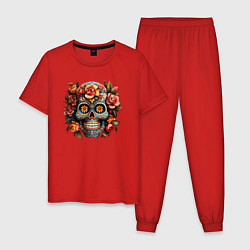 Пижама хлопковая мужская Аттрактивный мексиканский череп, цвет: красный