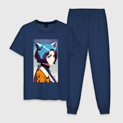 Мужская пижама Девчонка-волчонок - нейросеть - аниме / Тёмно-синий – фото 1