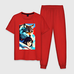 Пижама хлопковая мужская Девочка и волк - аниме - нейросеть, цвет: красный