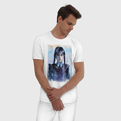 Пижама хлопковая мужская Акварельный портрет Уэнсдей, цвет: белый — фото 2