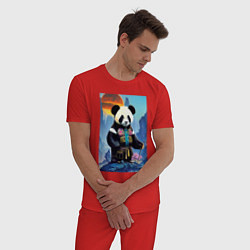 Пижама хлопковая мужская Панда на берегу озера - нейросеть, цвет: красный — фото 2