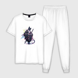 Пижама хлопковая мужская Кот самурай и сакура, цвет: белый