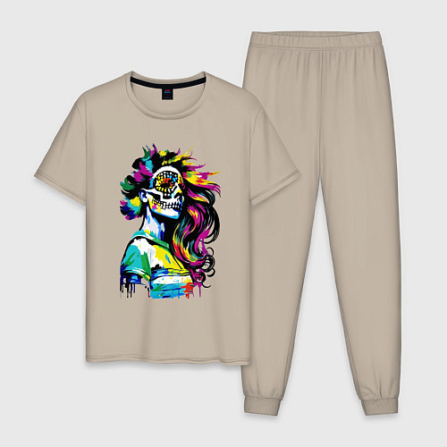 Мужская пижама Череп красивой девушки - нейросеть / Миндальный – фото 1