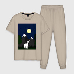 Пижама хлопковая мужская Олень под луной, цвет: миндальный