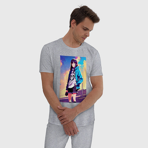 Мужская пижама Прикольная девчонка с черепом на футболке - аниме / Меланж – фото 3