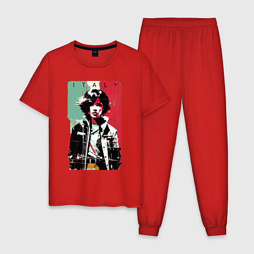 Мужская пижама Девчонка на фоне флага - Италия - поп-арт / Красный – фото 1