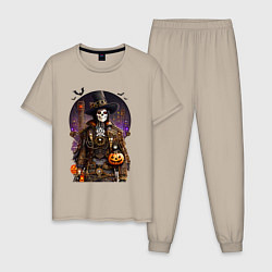 Пижама хлопковая мужская Скелет в стиле стимпанк - хэллоуин, цвет: миндальный