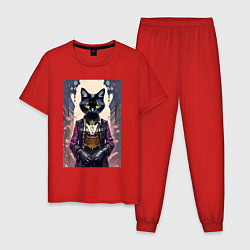 Пижама хлопковая мужская Модная чёрная кошечка в перчатках, цвет: красный