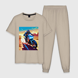 Пижама хлопковая мужская Мотоциклист в пустыне, цвет: миндальный