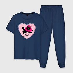 Пижама хлопковая мужская Котик с сердечком - весы, цвет: тёмно-синий