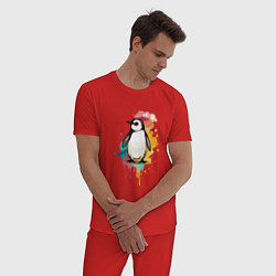 Пижама хлопковая мужская Красочный пингвин, цвет: красный — фото 2