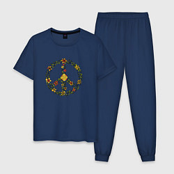 Пижама хлопковая мужская Пацифик знак хиппи цветы, цвет: тёмно-синий