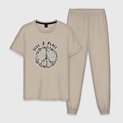 Пижама хлопковая мужская Хиппи знак мира цветочный пастельный peace and lov, цвет: миндальный