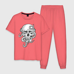 Пижама хлопковая мужская Skull octopus, цвет: коралловый