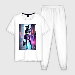 Пижама хлопковая мужская Крутая модная кисуля в ночном Бронксе - нейросеть, цвет: белый